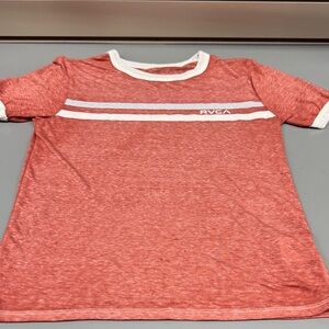 RVCA Women's Coral Heather Short Sleeve Tee with White Stripes